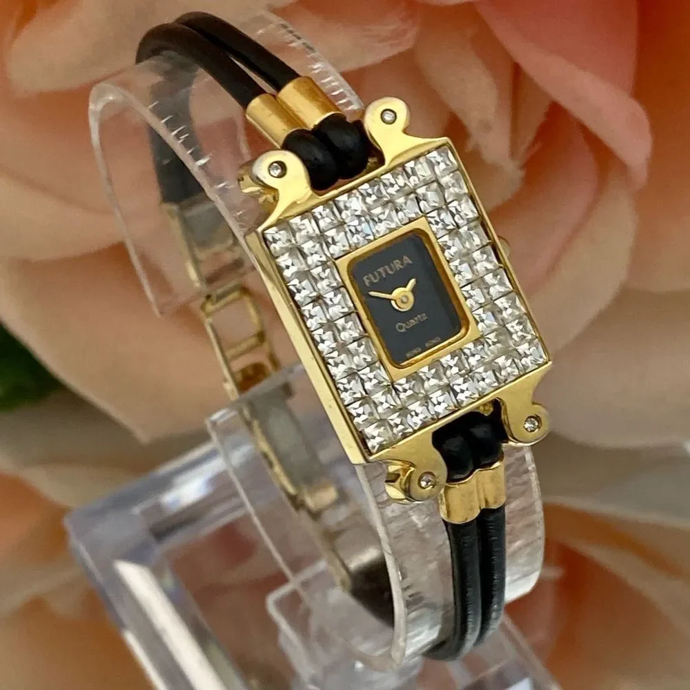 Vintage Unique Futura Pave Rhinestone Bezel West German 4 Jewel Dress Watch